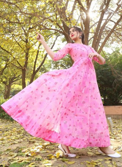Breathtaking Foil Print Pink Chanderi Readymade Gown