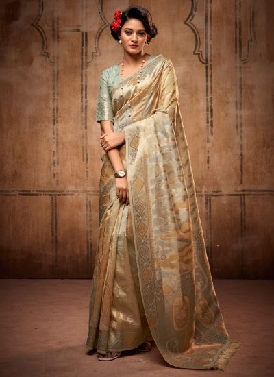 Breathtaking Gold and Silver Weaving Silk Traditional Saree