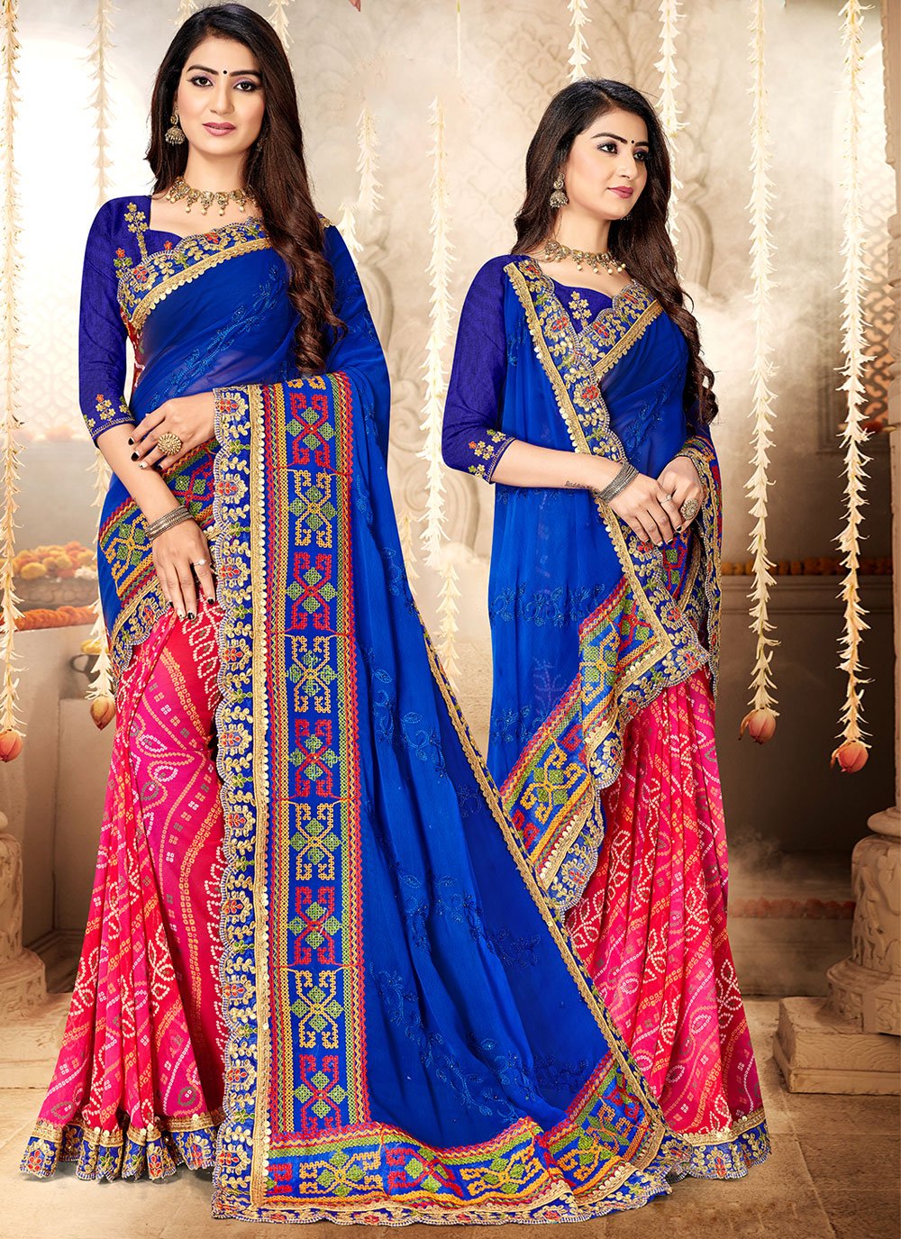 Shop Pink Georgette Printed Work Half N Half Saree Party Wear Online at  Best Price | Cbazaar