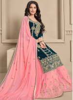 Brilliant Embroidered Faux Georgette Green and Pink Designer Pakistani Salwar Suit