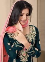 Brilliant Embroidered Faux Georgette Green and Pink Designer Pakistani Salwar Suit