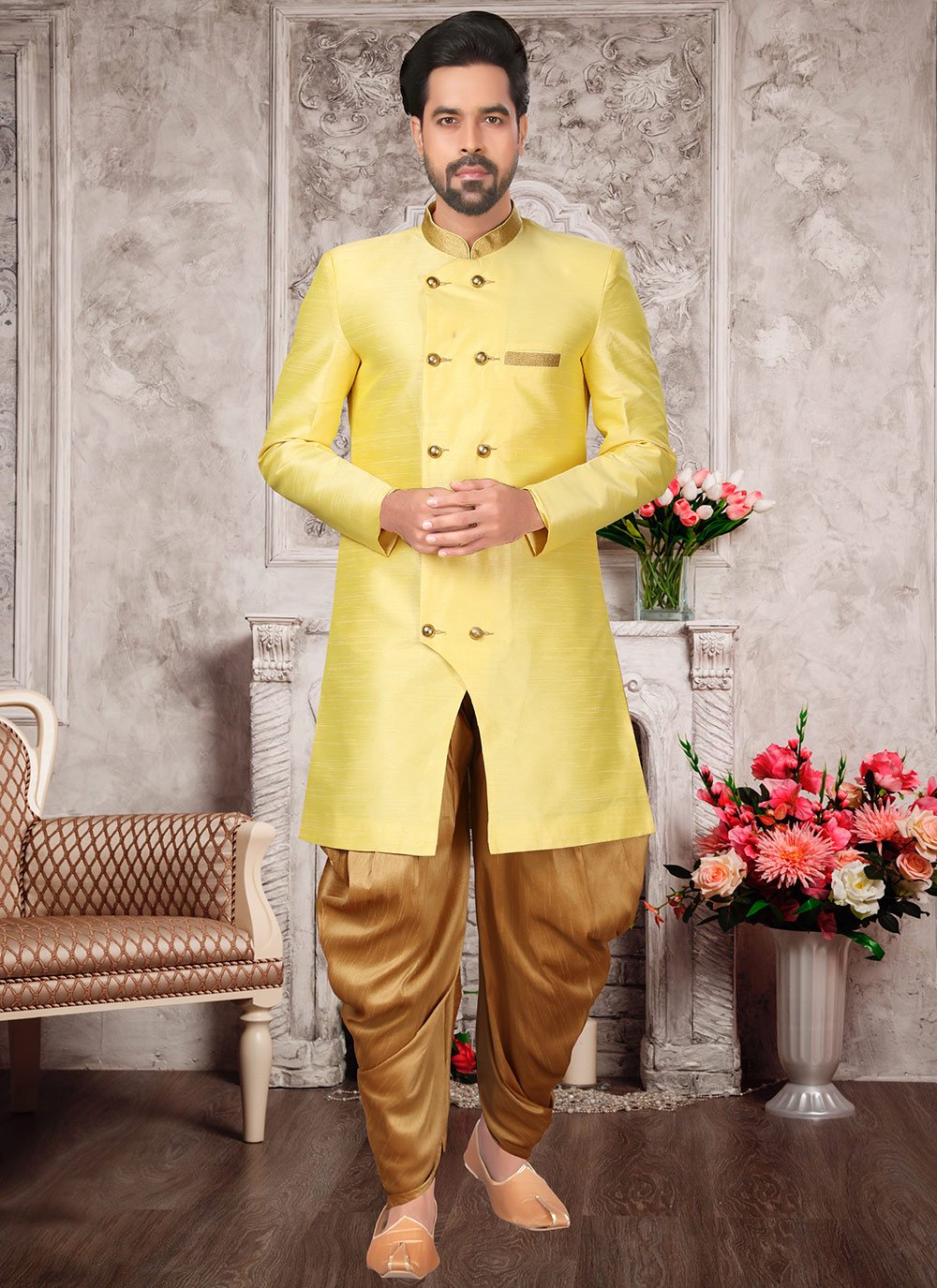 Brocade Yellow Buttons Indo Western Sherwani - Mens Wear