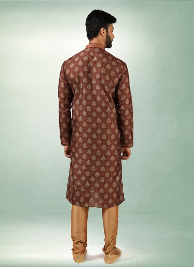 Brown Art Silk Printed Kurta Pyjama