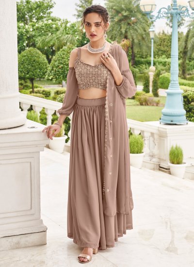 Brown Embroidered Faux Georgette Readymade Lehenga Choli