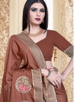 Brown Embroidered Silk Classic Saree