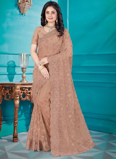Brown Net Embroidered Classic Saree