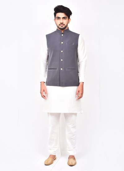 Buttons Art Silk Kurta Payjama With Jacket in Grey and White