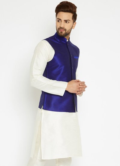 Buttons Dupion Silk Nehru Jackets in Blue