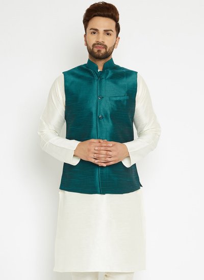 Buttons Dupion Silk Nehru Jackets in Green
