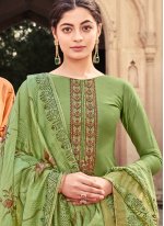 Capricious Embroidered Green Cotton Silk Designer Palazzo Suit