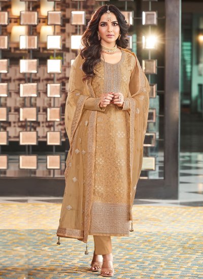Capricious Embroidered Mustard Jacquard Pant Style Suit