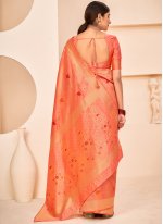 Captivating Banarasi Silk Peach Weaving Designer Traditional Saree