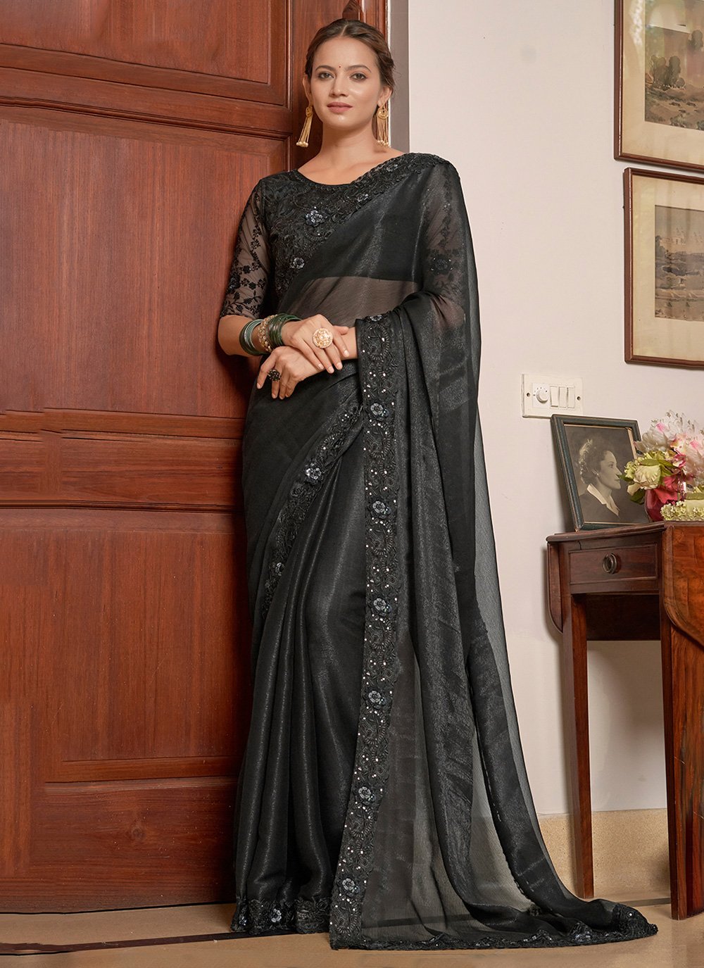 Matte Black Net Designer Saree | Singhania's