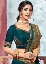 Captivating Teal Embroidered Fancy Fabric Traditional Saree
