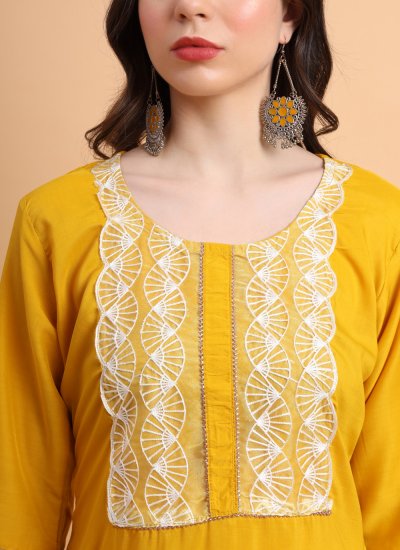 Casual Kurti Embroidered Cotton Silk in Mustard