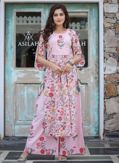 Casual Kurti Floral Print Cotton in Pink