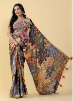 Casual Saree Digital Print Satin Silk in Multi Colour