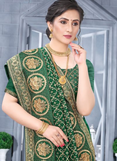 Catchy Fancy Fabric Green Embroidered Traditional Designer Saree