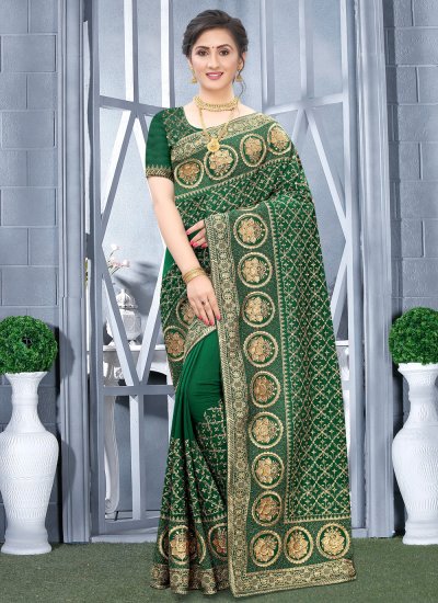 Catchy Fancy Fabric Green Embroidered Traditional Designer Saree