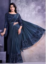 Catchy Faux Crepe Embroidered Navy Blue Saree