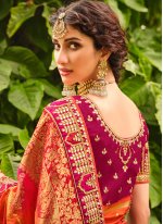 Catchy Orange and Pink Resham Silk Classic Designer Saree