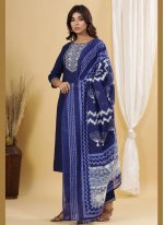 Catchy Printed Blue Cotton Readymade Suit