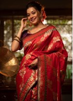 Celestial Red Weaving Banarasi Silk Traditional Saree