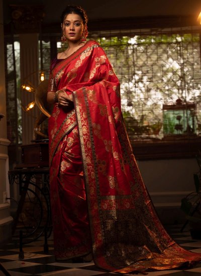 Celestial Red Weaving Banarasi Silk Traditional Saree