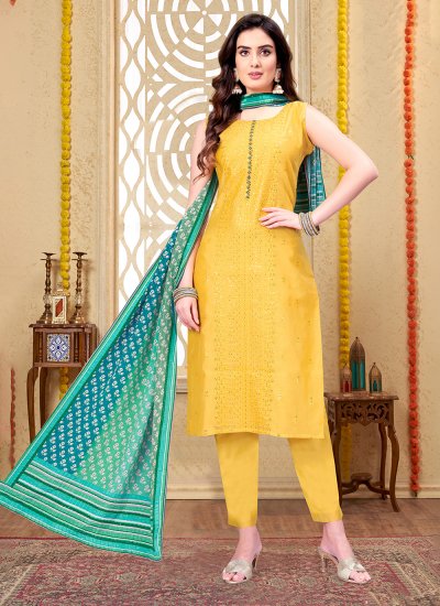 Celestial Silk Sequins Yellow Designer Salwar Suit