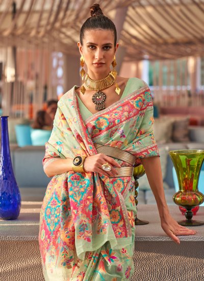 Celestial Weaving Handloom silk Sea Green Contemporary Style Saree