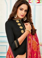 Chanderi Cotton Embroidered Black Churidar Salwar Suit