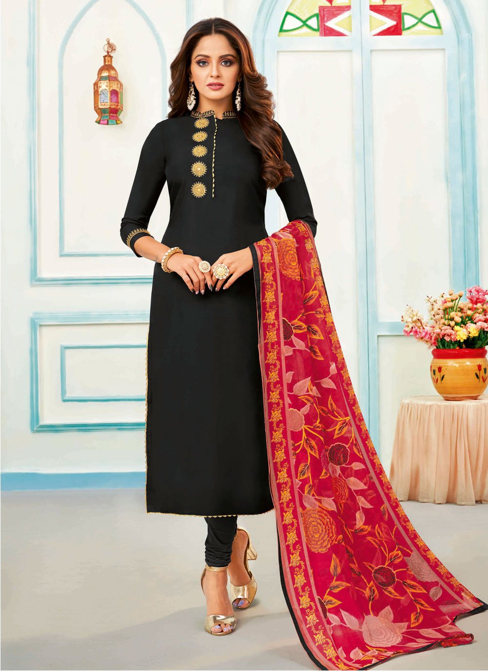 Buy Multi Threadwork Chanderi Semi-Stitched Salwar Suit - Koskii