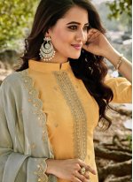 Chanderi Embroidered Yellow Pant Style Suit