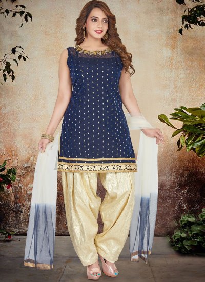 Chanderi Fancy Blue Designer Patiala Suit