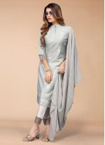 Chanderi Grey Embroidered Salwar Suit