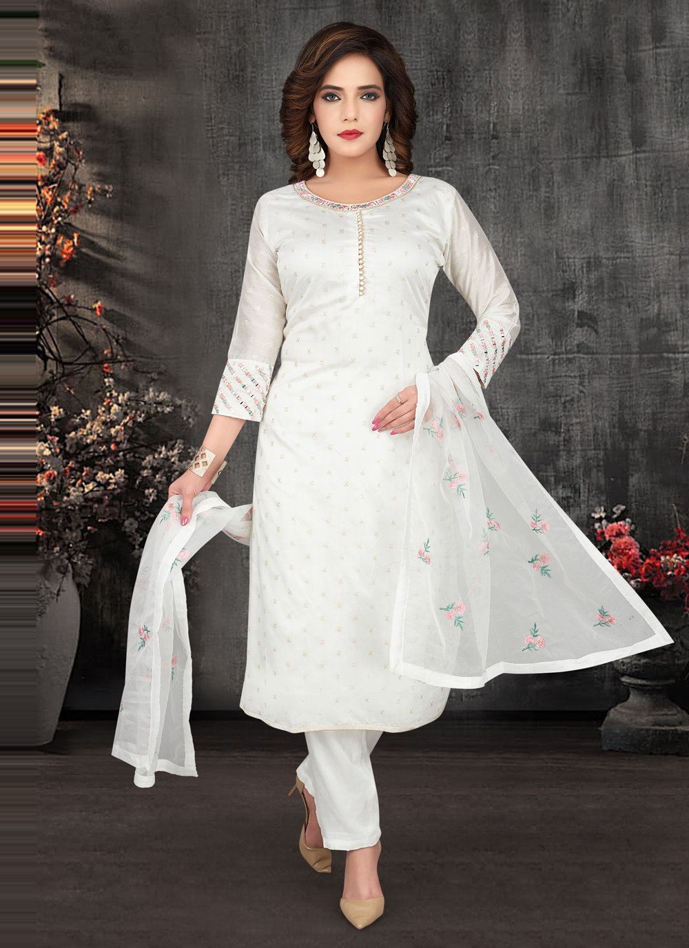 Off White Floral Embroidery Anarkali Suit Set – Kurti Palette