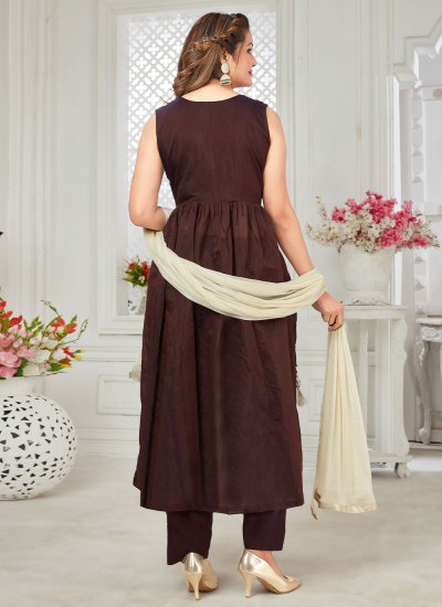 Chanderi Silk Brown Sequins Readymade Salwar Suit