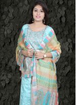 Chanderi Silk Embroidered Blue Straight Salwar Suit