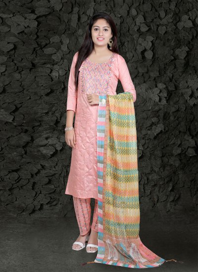 Chanderi Silk Embroidered Pink Pant Style Suit