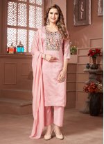 Chanderi Silk Resham Straight Salwar Kameez in Pink