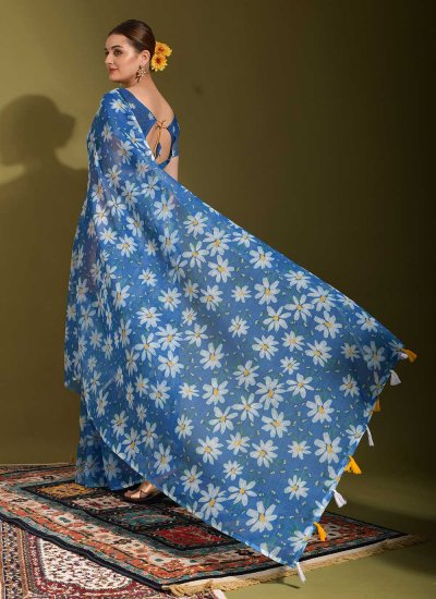 Charismatic Linen Printed Blue Contemporary Saree