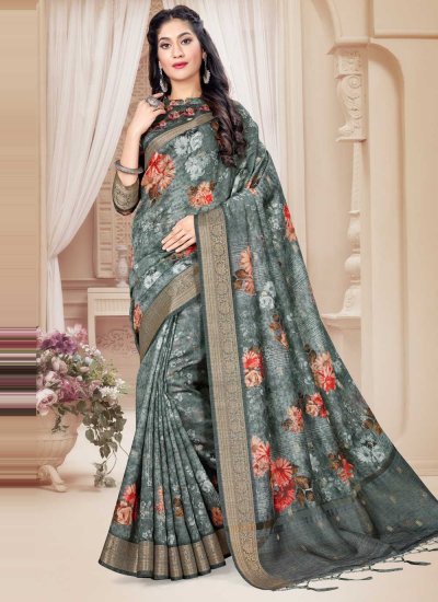 Charming Art Silk Floral Print Grey Classic Saree