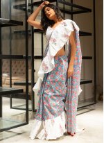 Charming Block Print Grey and Off White Contemporary Saree