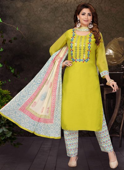 Charming Chanderi Green Embroidered Pant Style Suit