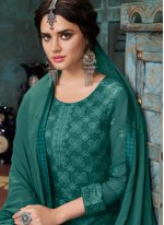 Charming Faux Georgette Embroidered Teal Trendy Suit