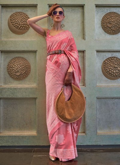 Cherubic Lucknowi Pink Weaving Trendy Saree