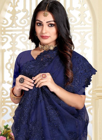 Chic Embroidered Net Navy Blue Trendy Saree