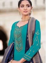 Chic Faux Georgette Embroidered Blue Designer Straight Suit