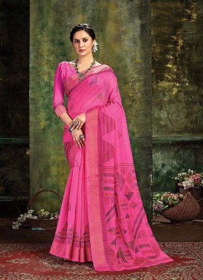 Chic Pink Printed Cotton Classic Saree