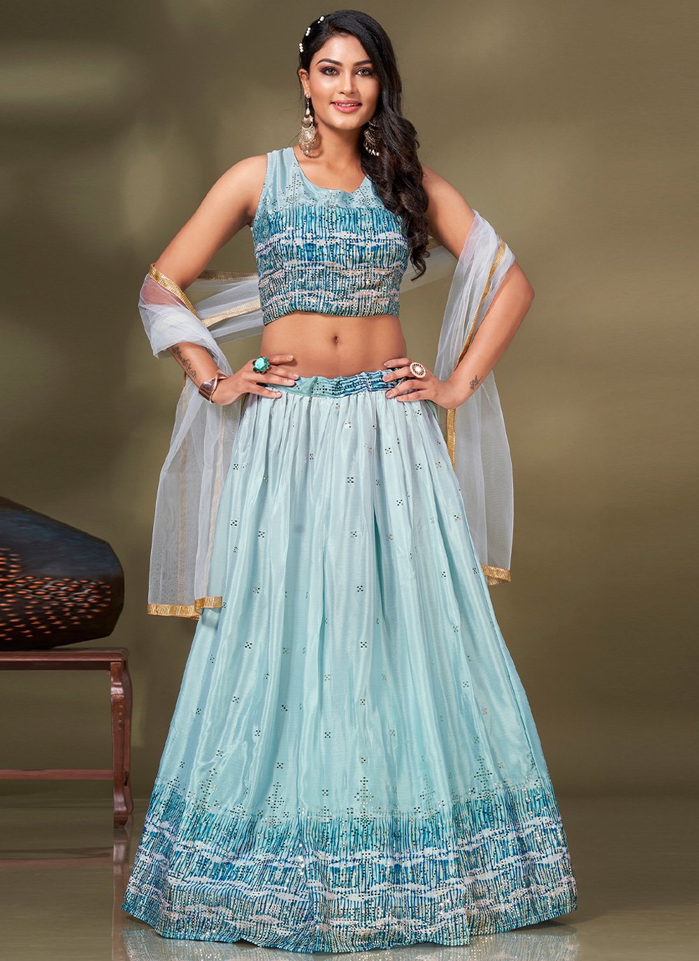Rama Blue Color Designer Fancy Party Wear Georgette Lehenga Choli With  Sequence Work Semi Stitched - shreematee - 4067181